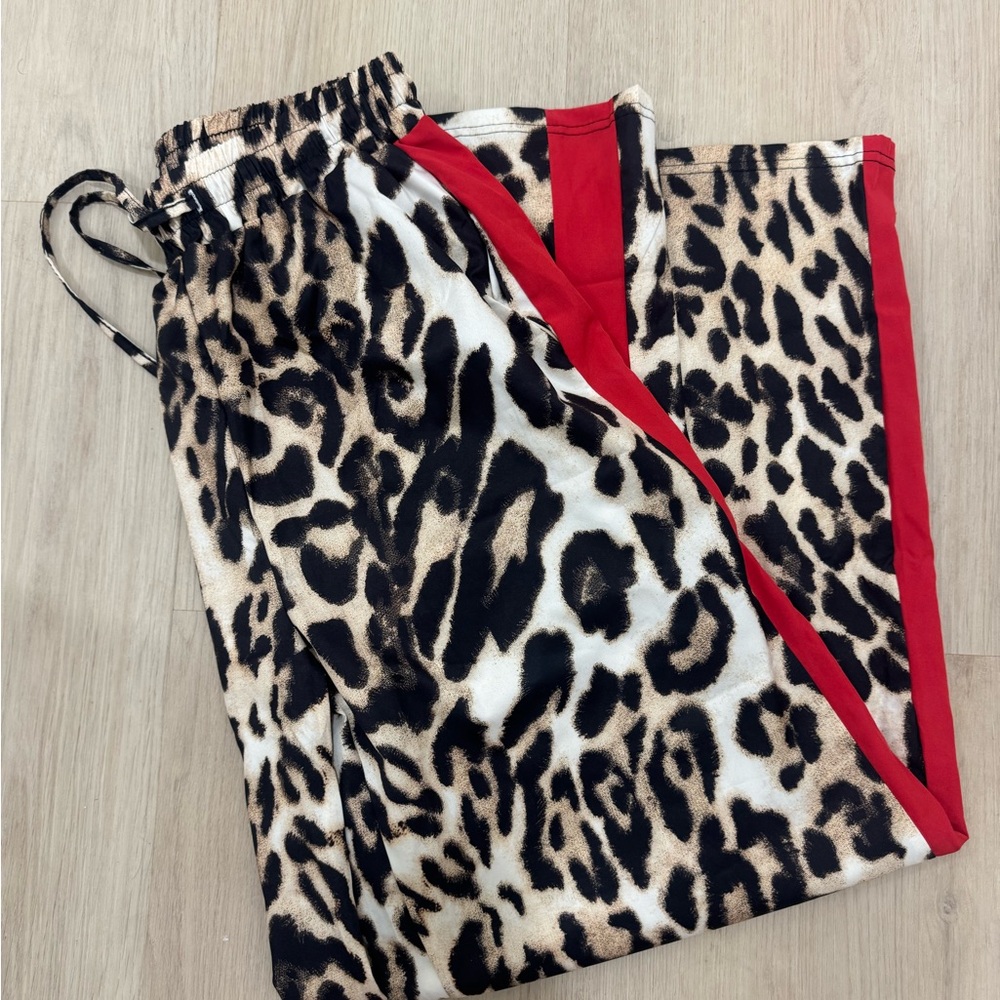 Amazon Leopard Print Wide Leg Pants with Red Trim